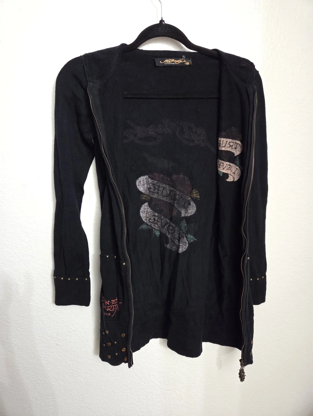 Ed Hardy Christian Audigier True Love Sweater Women's Size Xsmall Zip Up Y2K - Picture 8 of 15